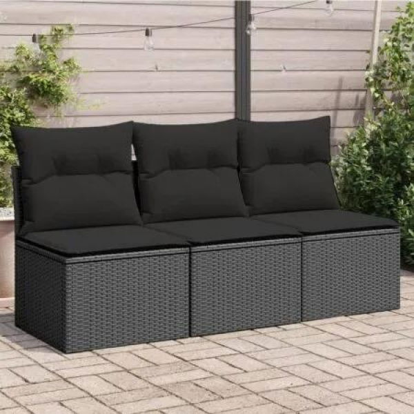 Garden Sofa with Cushions 3-Seater Black Poly Rattan