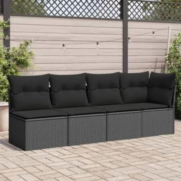 Garden Sofa with Cushions 4-Seater Black Poly Rattan