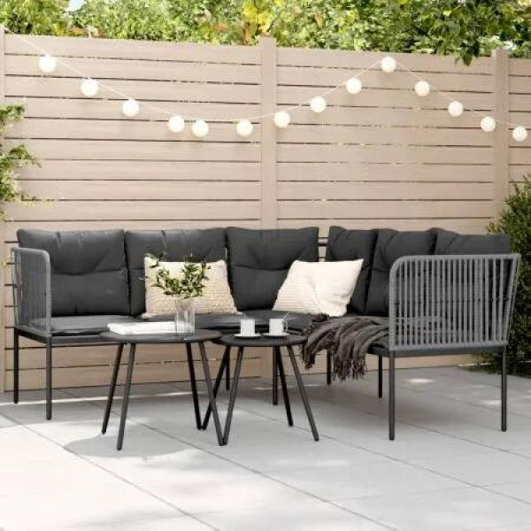 Garden Sofa with Cushions L-shaped Black Steel and Textilene