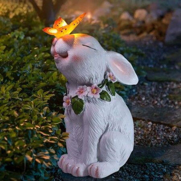 Garden Solar Outdoor Statues Rabbit Light, Patio Decor Easter Bunny with Butterfly Ornament for Lawn Balcony Yard