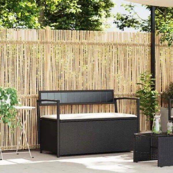 Garden Storage Bench with Cushion Black Poly Rattan