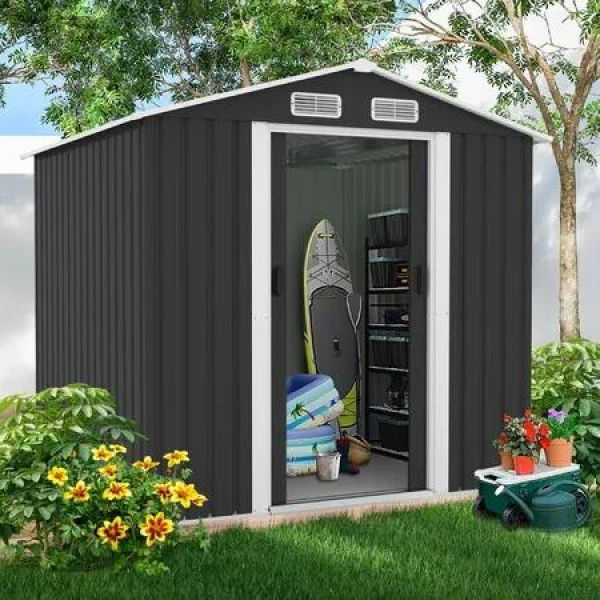 Garden Storage Shed Outdoor Backyard Tool Garage Bike Utility Lockable House Dog Pet Cat Exterior Shelter Home Tilted Roof Galvanised Metal Plastic