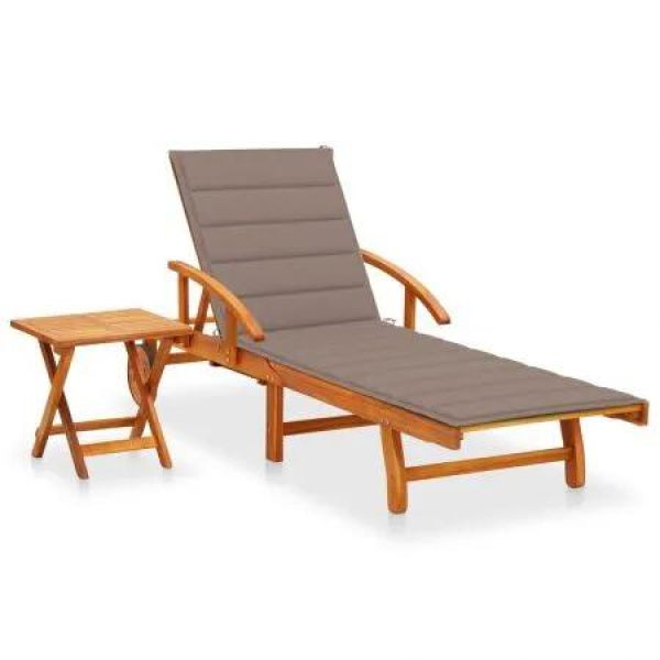 Garden Sun Lounger with Table and Cushion Solid Acacia Wood