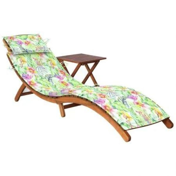 Garden Sun Lounger with Table and Cushion Solid Acacia Wood