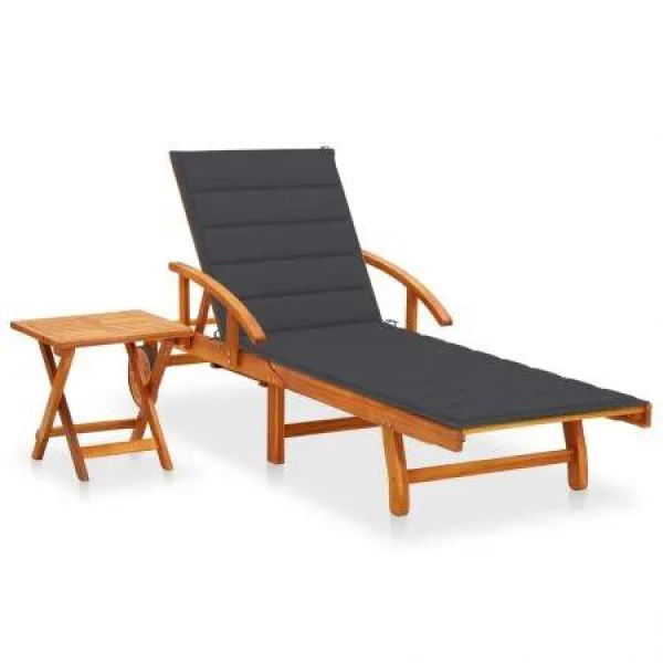 Garden Sun Lounger with Table and Cushion Solid Wood Acacia