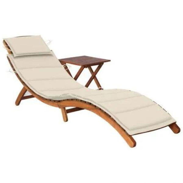 Garden Sun Lounger with Table and Cushion Solid Wood Acacia