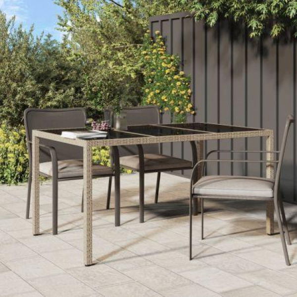 Garden Table 150x90x75 Cm Tempered Glass And Poly Rattan Beige