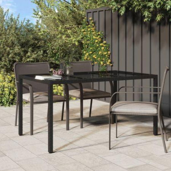 Garden Table 150x90x75 Cm Tempered Glass And Poly Rattan Black