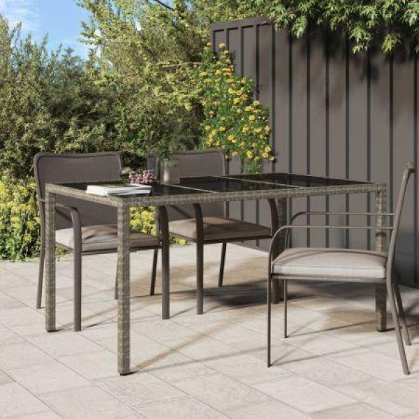 Garden Table 150x90x75 Cm Tempered Glass And Poly Rattan Grey