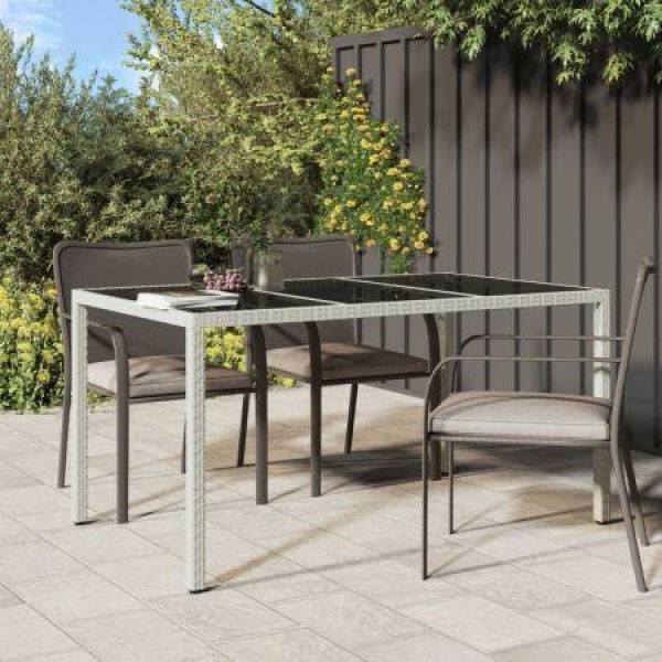 Garden Table 150x90x75 Cm Tempered Glass And Poly Rattan White