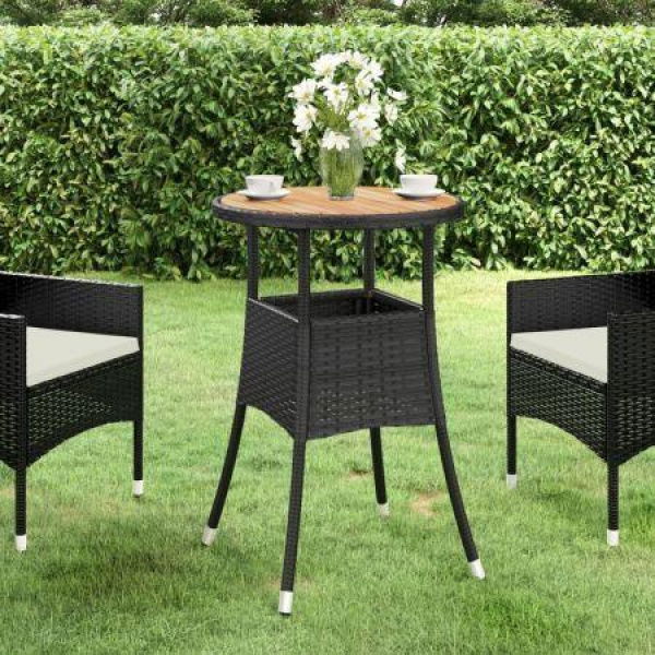 Garden Table 60x75 Cm Acacia Wood And Poly Rattan Black.