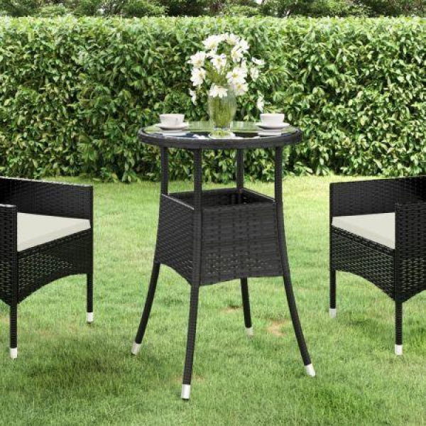 Garden Table 60x75 Cm Tempered Glass And Poly Rattan Black.