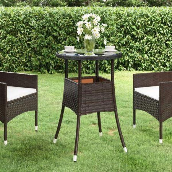 Garden Table 60x75 Cm Tempered Glass And Poly Rattan Brown.