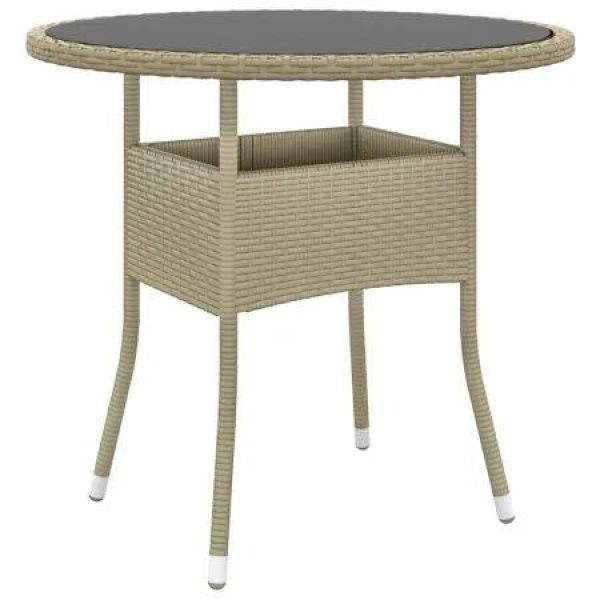 Garden Table Ã˜80x75 cm Tempered Glass and Poly Rattan Beige