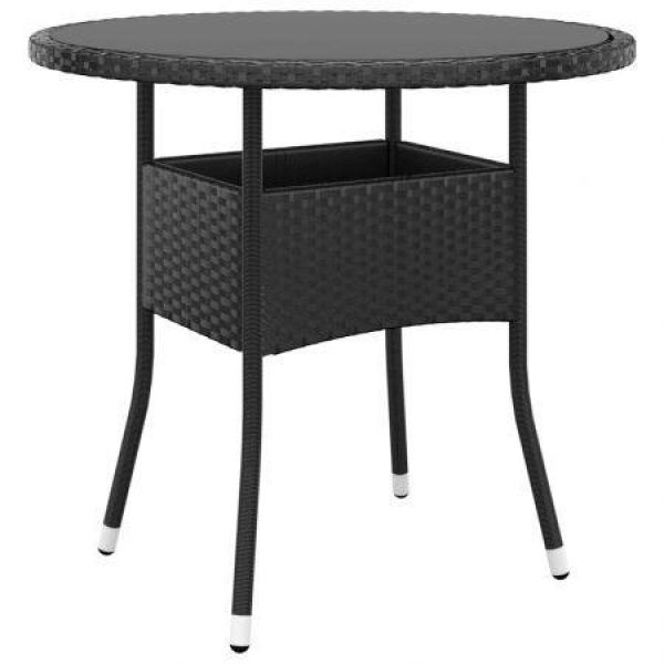 Garden Table 80x75 Cm Tempered Glass And Poly Rattan Black.