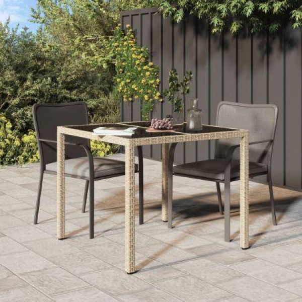 Garden Table 90x90x75 Cm Tempered Glass And Poly Rattan Beige