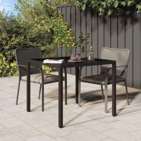 Garden Table 90x90x75 Cm Tempered Glass And Poly Rattan Brown