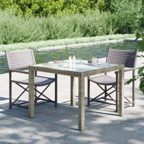 Garden Table 90x90x75 Cm Tempered Glass And Poly Rattan Grey