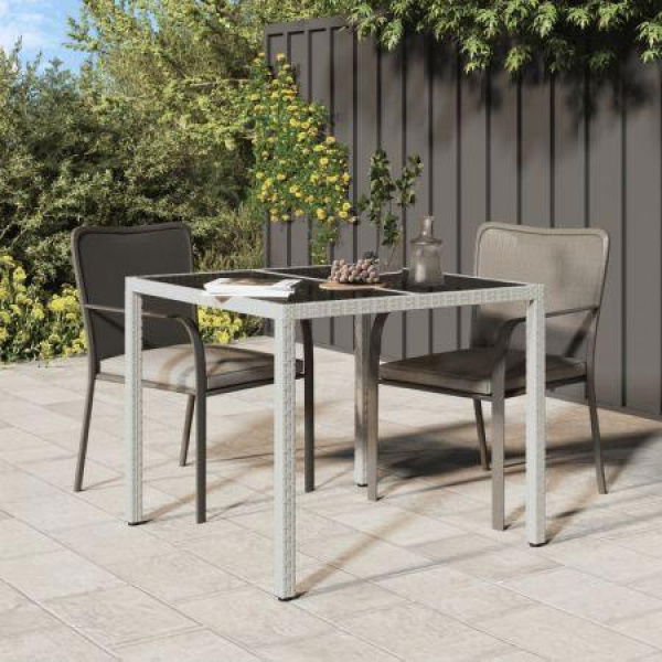 Garden Table 90x90x75 Cm Tempered Glass And Poly Rattan White