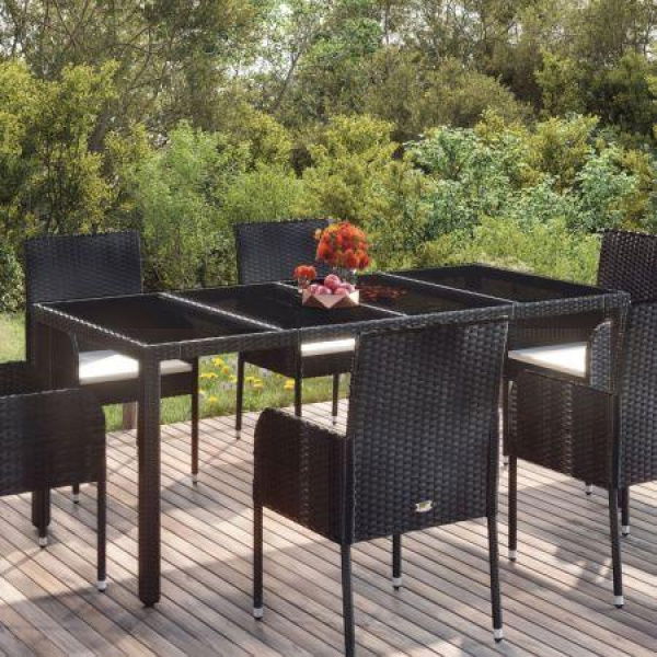 Garden Table With Glass Top Black 190x90x75 Cm Poly Rattan