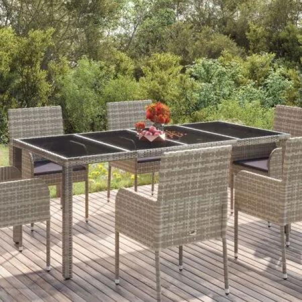 Garden Table with Glass Top Grey 190x90x75 cm Poly Rattan