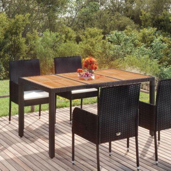 Garden Table With Wooden Top Black 150x90x75 Cm Poly Rattan