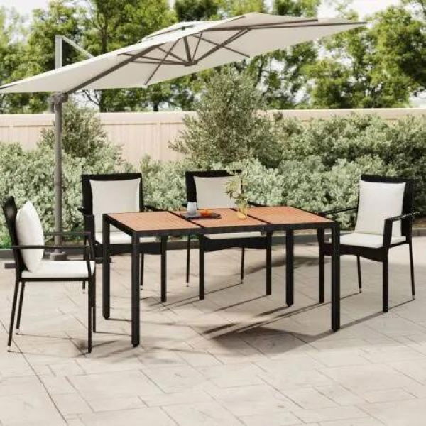 Garden Table with Wooden Top Black Poly Rattan&Solid Wood Acacia