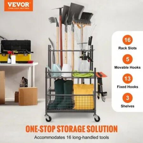 Garden Tool Organizer 16 Slots with Hooks Yard Tool Tower Rack with Wheels for Garage Organization and Storage Hold Long-Handled Tool/Rake/Broom