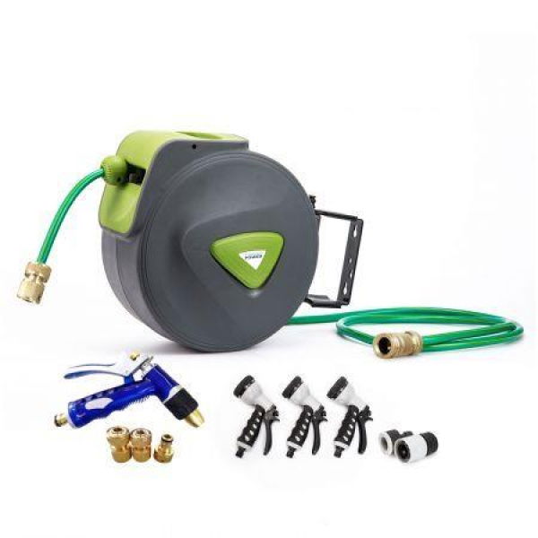 Garden Water Hose Retractable Rewind Reel Wall Mounted 20m + Brass Gun.