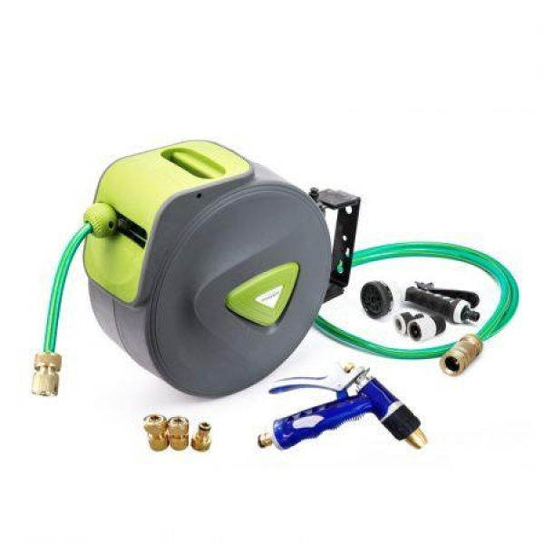 Garden Water Hose Retractable Rewind Reel Wall Mounted 30m + Brass Gun.