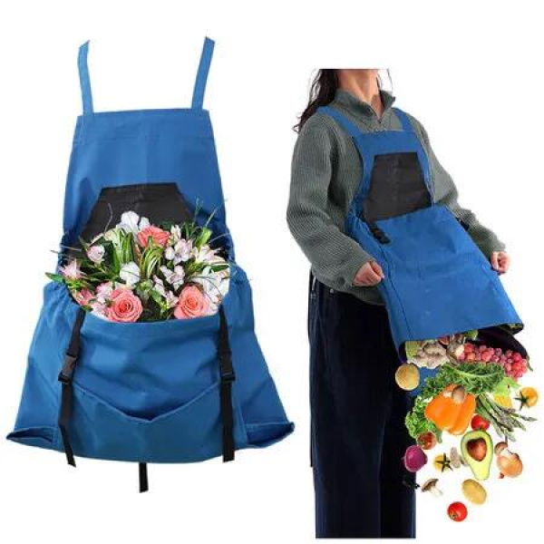 Gardening Apron Canvas Garden Aprons Harvesting Pouch with Quick Release Pocket Garden Picking Bag for Women and Men, Blue