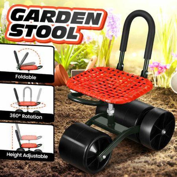 Gardening Work Stool Rolling Seat With Wheels Height Adjustable Folding 360 Degree Rotate Home Yard Weeding Helper Farm Cart Red