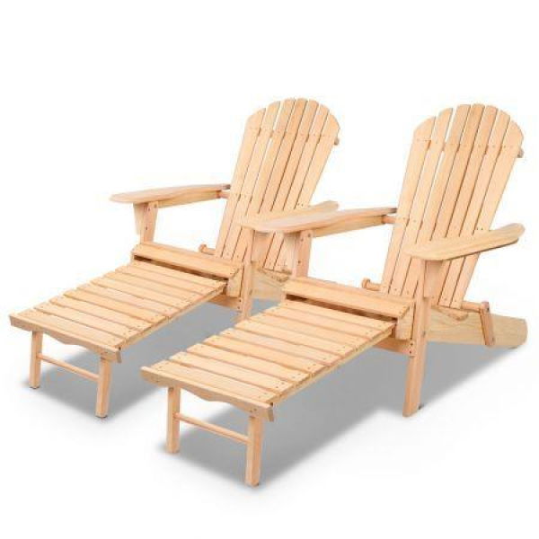 Gardeon 2PC Adirondack Outdoor Chairs Wooden Sun Lounge Patio Furniture Garden Natural