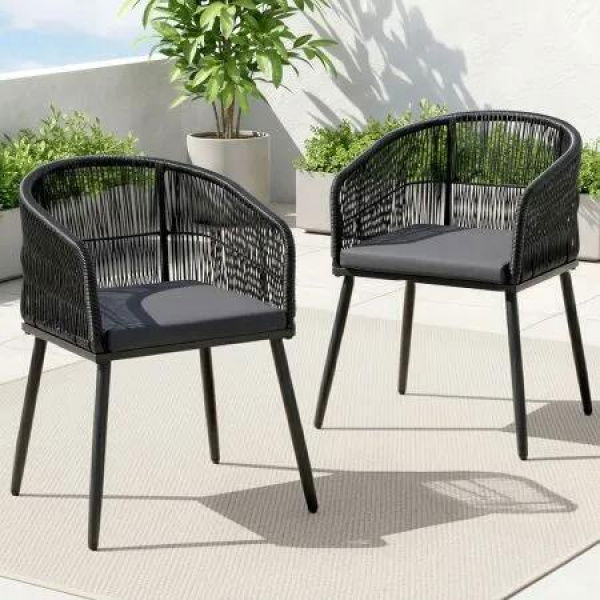 Gardeon 2PC Outdoor Dining Chairs Wicker Chair Patio Furniture Garden Steel Black