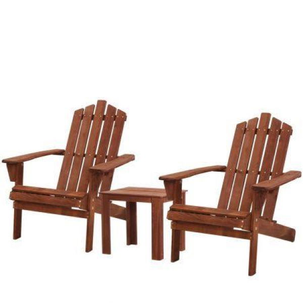 Gardeon 3PC Adirondack Outdoor Table and Chairs Wooden Beach Chair Brown