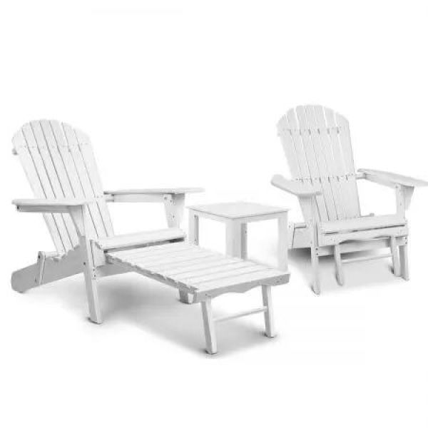 Gardeon 3PC Adirondack Outdoor Table and Chairs Wooden Sun Lounge Beach Patio White