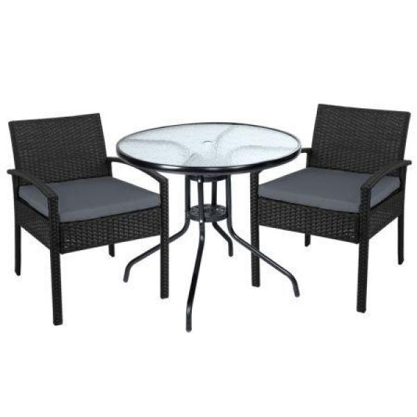 Gardeon 3PC Bistro Set Outdoor Furniture Rattan Table Chairs Cushion Patio Garden Felix