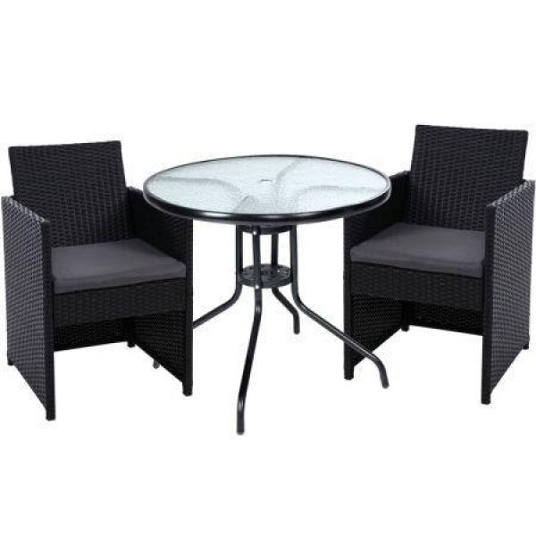 Gardeon 3PC Bistro Set Outdoor Furniture Rattan Table Chairs Cushion Patio Garden Hugo