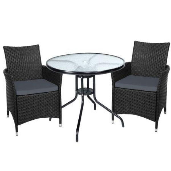 Gardeon 3PC Bistro Set Outdoor Furniture Rattan Table Chairs Cushion Patio Garden Idris