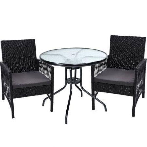 Gardeon 3PC Bistro Set Outdoor Furniture Rattan Table Chairs Cushion Patio Garden Lyra