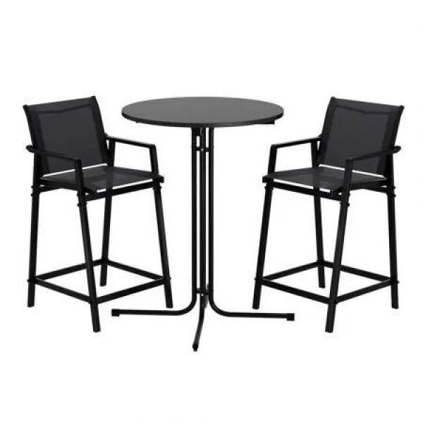 Gardeon 3PC Outdoor Bar Set Stools Dining Chairs Table Patio Furniture Bistro Set Steel Black