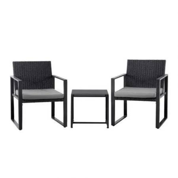 Gardeon 3PC Outdoor Bistro Set Patio Furniture Wicker Dining Chairs Table Cushion Black