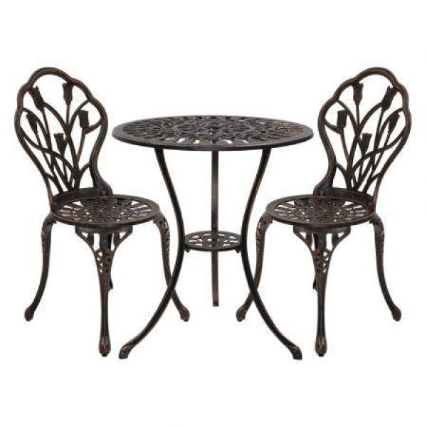 Gardeon 3PC Outdoor Setting Bistro Set Chairs Table Cast Aluminum Patio Furniture Tulip Bronze