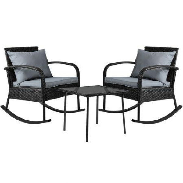 Gardeon 3PC Rocking Chair Table Wicker Outdoor Furniture Patio Bistro Set Black