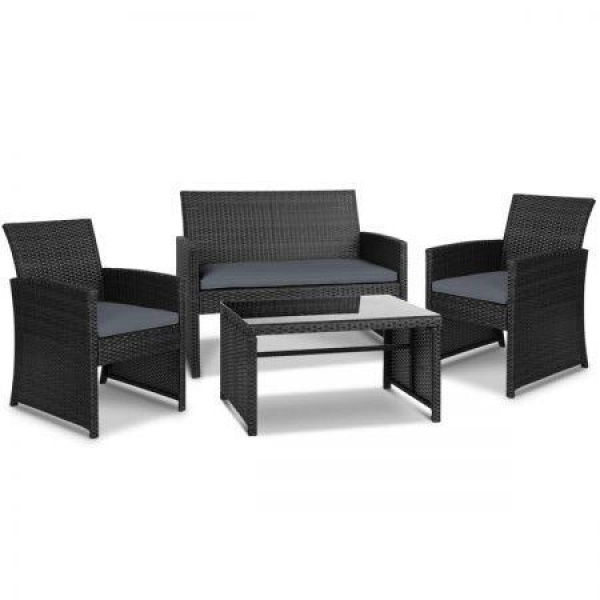 Gardeon 4 PCS Outdoor Sofa Set Rattan Chair Table Setting Garden Furniture Black