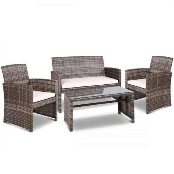 Gardeon 4 PCS Outdoor Sofa Set Rattan Chair Table Setting Garden Furniture Grey