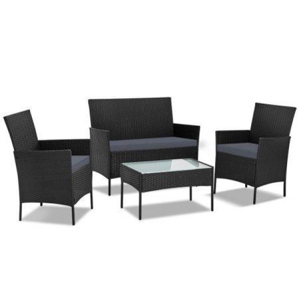 Gardeon 4 Seater Outdoor Sofa Set Wicker Setting Table Chair Furniture Black