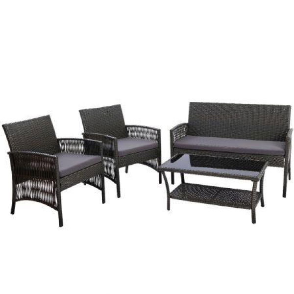 Gardeon 4PCS Outdoor Sofa Set Wicker Harp Chair Table Garden Furniture Grey