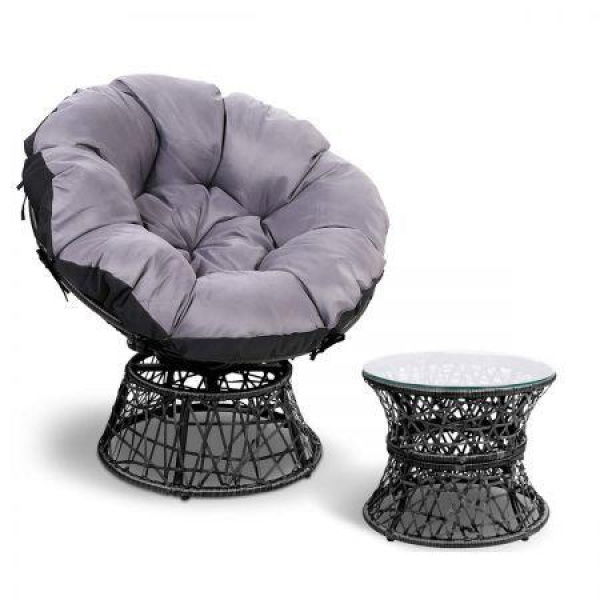 Gardeon Outdoor Lounge Setting Papasan Chair Wicker Table Garden Furniture Black