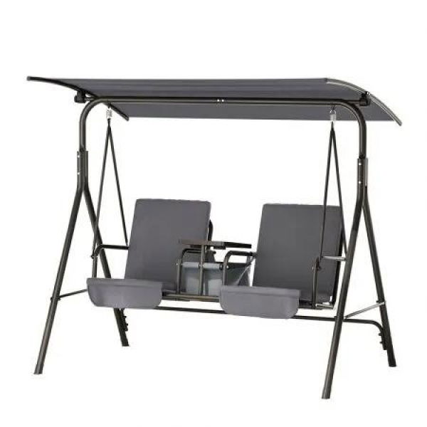 Gardeon Outdoor Swing Chair Garden Chair Canopy Cup Holder 2 Seater Grey